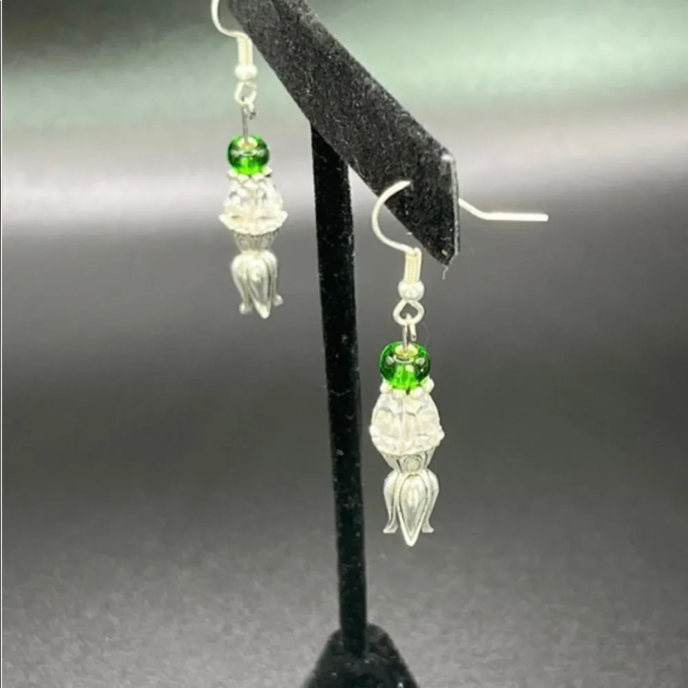 NWOT-Silver-tone TulipInspired Fishhook Earrings w/ Clear Swarovski & Green Bead